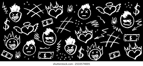 White wax crayon drawing grafitti elements. Drawing by marker retro rock elements. Collection of vector charcoal outline symbols cute fire heart, mohawk hairs, mouth stick out tongue on the blackboard