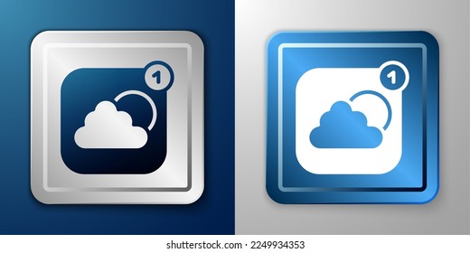 White Weather forecast app icon isolated on blue and grey background. Silver and blue square button. Vector