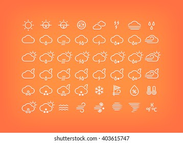 White weather icons set. Thin line symbols with shadow. Forecast elements and signs for mobile apps and web design.
