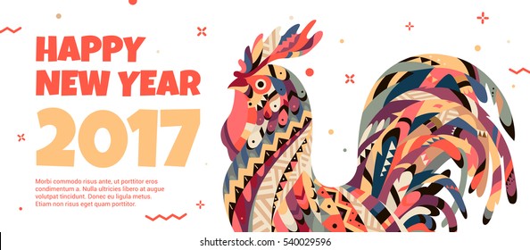 Banner web blanco con un gallo en el estilo de la tribu y el texto del año nuevo. Bright Banner puede ser utilizado para publicidad, saludos, descuentos. Símbolo de gallo 2017.