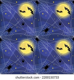 A white web with black spiders and bats against a dark blue night sky with bright stars and a full moon. Seamless pattern, Halloween print. Vector illustration