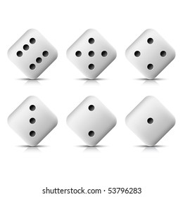 White web button casino dice icon with shadow and reflection. White background