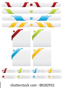 White web buttons, bars and boxes with various ribbon designs in four bright colours.