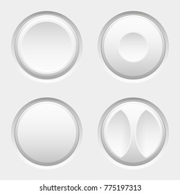 White web buttons. Round icons. Active, normal, pushed, turn. Vector 3d illustration