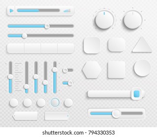 White web buttons and ui sliders vector set isolated on transparent background. Interface for web navigation and ui for video and music control illustration