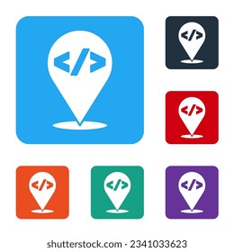 Diseño Web blanco e icono de desarrollo frontal aislado en fondo blanco. Establezca iconos en los botones cuadrados de color. Vector