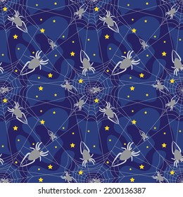 A white web with gray spiders against a dark blue night sky with bright stars. Seamless pattern, Halloween print. Vector illustration