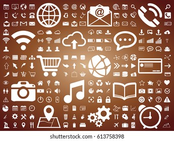 White web icons collection on brown background