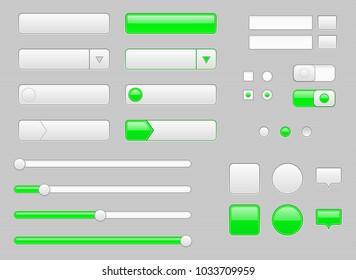 White web interface buttons, slider and icons with green tags. Vector illustration