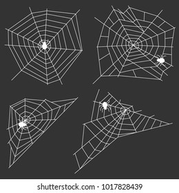 White web with a spider on a black background. A spider weaves a spider web. Flat design, vector illustration, vector.
