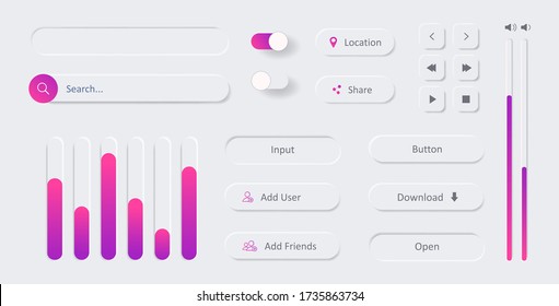 Weiße Web ui Design Elemente Set. Tasten, Suchleiste, Schieberegler, Dropdown, Schalter und andere. Eine schöne und minimalistische Sammlung weißer universeller Elemente UI, UX, KIT für Browser oder App. Vector