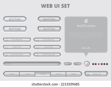 White web UI elements. Buttons, switches, bars, power button, slider vector