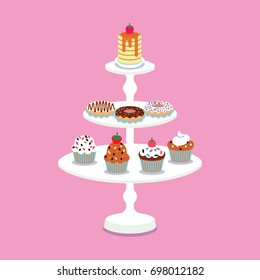 White wedding or birthday 3 tier stand with cupcakes, cake and doughnuts. Vector illustration. Suitable for menu, cover, card design.