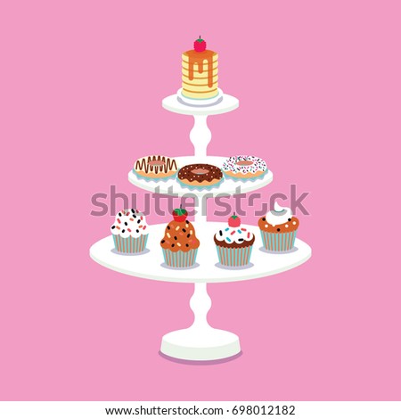 White wedding or birthday 3 tier stand with cupcakes, cake and doughnuts. Vector illustration. Suitable for menu, cover, card design.
