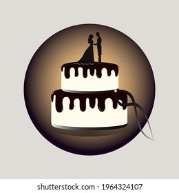 white wedding cake with chocolate icing and a pair on top