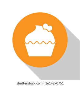 White Wedding cake with heart icon isolated on white background. Valentines day symbol. Orange circle button. Vector Illustration
