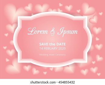 White wedding card template label on pink heart shape pattern background, vintage design frame border