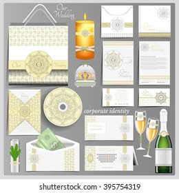 White wedding corporate identity template with green Arabic circle pattern