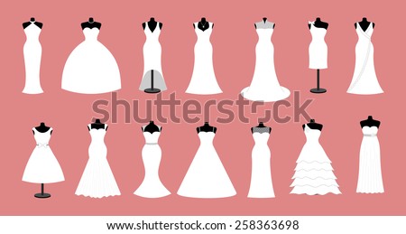 White wedding dresses icon collection. Set of 14 mannequin wear different design of modern style dress with jewelry, diamond and pearl necklace Vector art image illustration isolated on red background