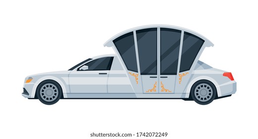 White Wedding Limousine Car, Premium Luxurious Vehicle, Side View Flat Vector Illustration