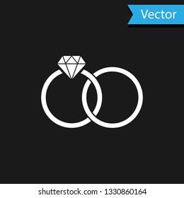 White Wedding rings icon isolated on black background. Bride and groom jewelery sign. Marriage icon. Diamond ring. Vector Illustration