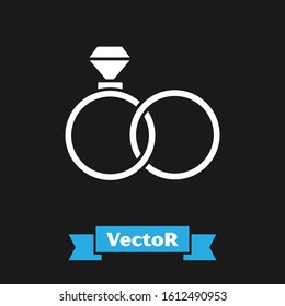 White Wedding rings icon isolated on black background. Bride and groom jewelry sign. Marriage symbol. Diamond ring.  Vector Illustration