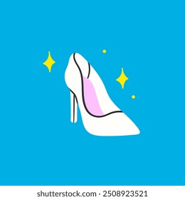 Weißer Hochzeitsschuh auf High Heel, gelber Glitzer. Mode, Liebe, Vorschlag, Hochzeit, Valentinstag Konzept. Cartoon-Stil. Handgezeichnete moderne Vektorgrafik. Isoliertes Konstruktionselement