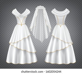 White Wedding Woman Dress With Tulle Veil Decorated By Flowers And Golden Stitching. Vector Elegant Bridal Silk Gown With Long Skirt In Front And Back View Isolated On Transparent Background