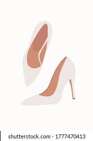 White wedding womens shoes card isolated on white background. Fashion minimal trendy bride footwear in cartoon flat style. Trendy poster wall print decor vector illustration