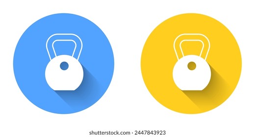 White Weight icon isolated with long shadow background. Kilogram weight block for weight lifting and scale. Mass symbol. Circle button. Vector