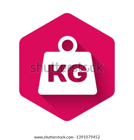 White Weight icon isolated with long shadow. Kilogram weight block for weight lifting and scale. Mass symbol. Pink hexagon button. Vector Illustration