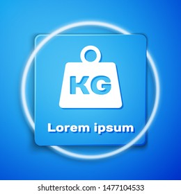 White Weight icon isolated on blue background. Kilogram weight block for weight lifting and scale. Mass symbol. Blue square button. Vector Illustration