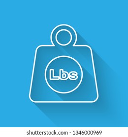 White Weight pounds icon isolated with long shadow. Pounds weight block for weight lifting and scale. Mass symbol. Vector Illustration