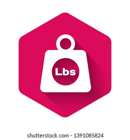 White Weight pounds icon isolated with long shadow. Pounds weight block for weight lifting and scale. Mass symbol. Pink hexagon button. Vector Illustration