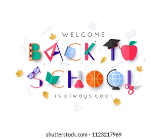 white welcome back to school banner with colorful letters decorated school supplies
