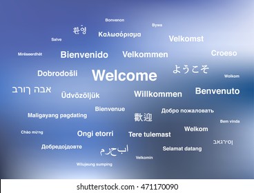 White welcome phrase in different languages of the world on blue blurred background