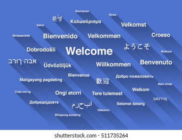 White welcome phrase in different languages of the world with long shadow on blue background