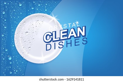 White Wet Clean Plate With Realistic Water Drops. Befor And After Vector Illustration. Household, Dishwashing And Cleaning Flyer Template