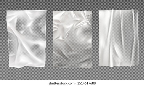 Papel blanco mojado, pasta de trigo pegada. Hojas arrugadas y plisadas con textura arrugada aisladas en fondo transparente, afiches en blanco se burlan del diseño de anuncios. Ilustración vectorial 3d realista