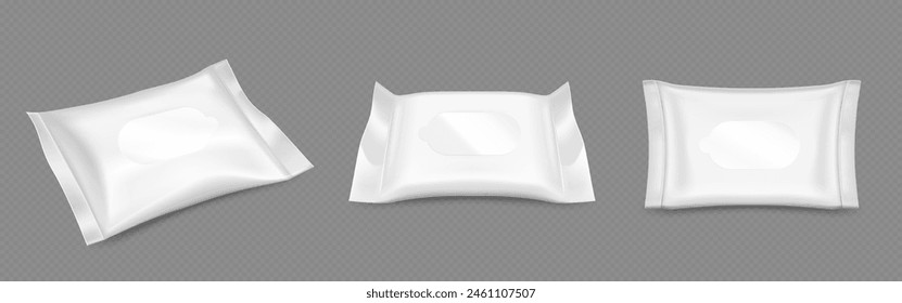 White wet wipe pack mock up. Blank pouch mockup template. 3d plastic container bag for baby or cosmetic tissue. Isolated facial hygiene and antibacterial paper napkin presentation for advertising.