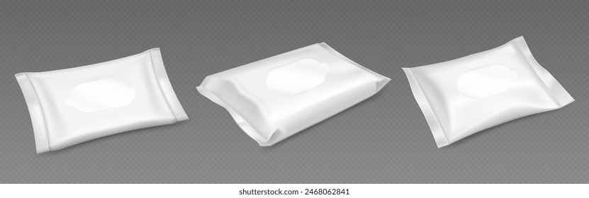 White wet wipe pack mock up. Blank pouch mockup template. 3d plastic container bag for baby or cosmetic tissue. Isolated facial hygiene and antibacterial paper napkin presentation for advertising.