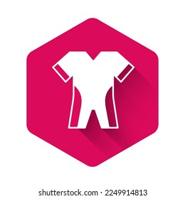 White Wetsuit for scuba diving icon isolated with long shadow background. Diving underwater equipment. Pink hexagon button. Vector