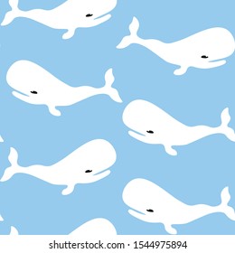 White whale animals seamless pattern on blue background. Concept for print, web design, cards, textile 