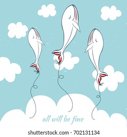 White Whale cartoon illustration isolated on blue sky background, balloon in clouds, vector colorful doodle animal, Character design for greeting card, children invitation, baby shower, holiday frame