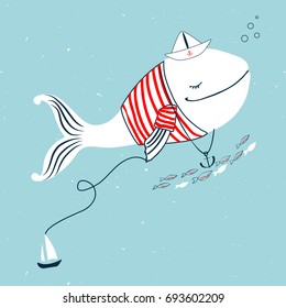 White Whale in shirt stripes with paper boat, anchor cartoon illustration isolated on blue background, vector doodle wild animal, fish line art, Character design for travel card, children invitation