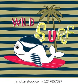 white whale surfer, wild surf with white whale vector illustraion, T-shirt graphics design