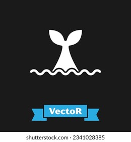 White Whale tail in ocean wave icon isolated on black background.  Vector