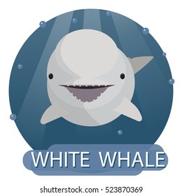 White whale underwater with bubbles and sun rays. Flat vector illustration