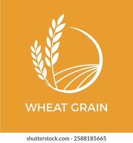 White wheat grains growing in a cultivated field, enclosed within a white circle on an orange background, represent the essence of agriculture and food production