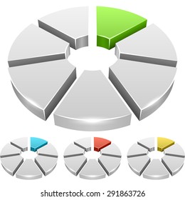 Gráfico de rueda blanca con iconos vectoriales 3D de segmento de color aislados en fondo blanco.